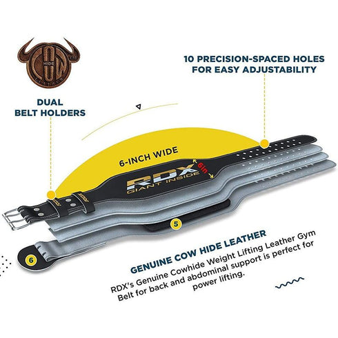 RDX 6 INCH BLACK LEATHER WEIGHT LIFTING BELT